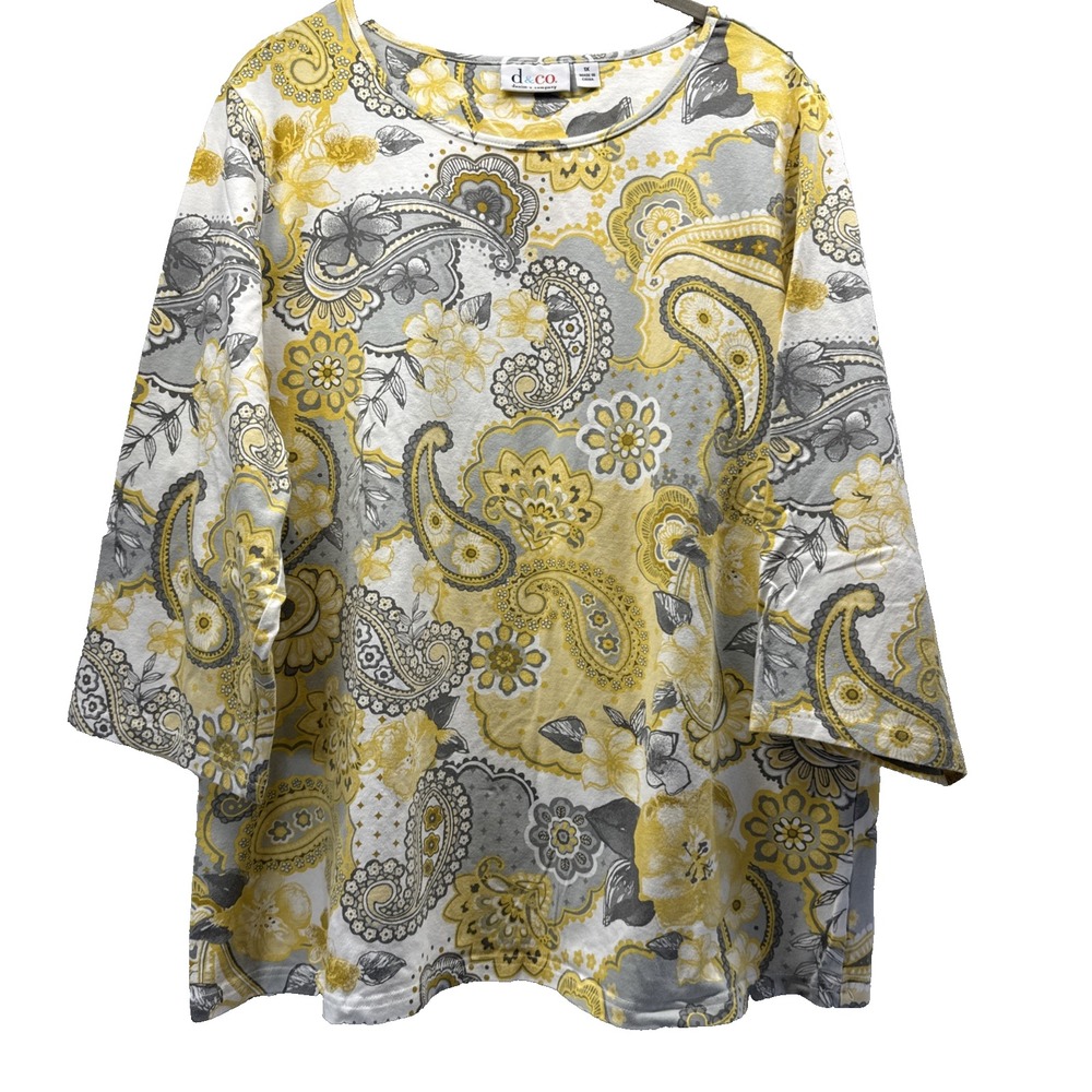 Denim & Co Womens Top Size 1X Plus Gray Yellow White Paisley 3/4 Sleeve Pullover